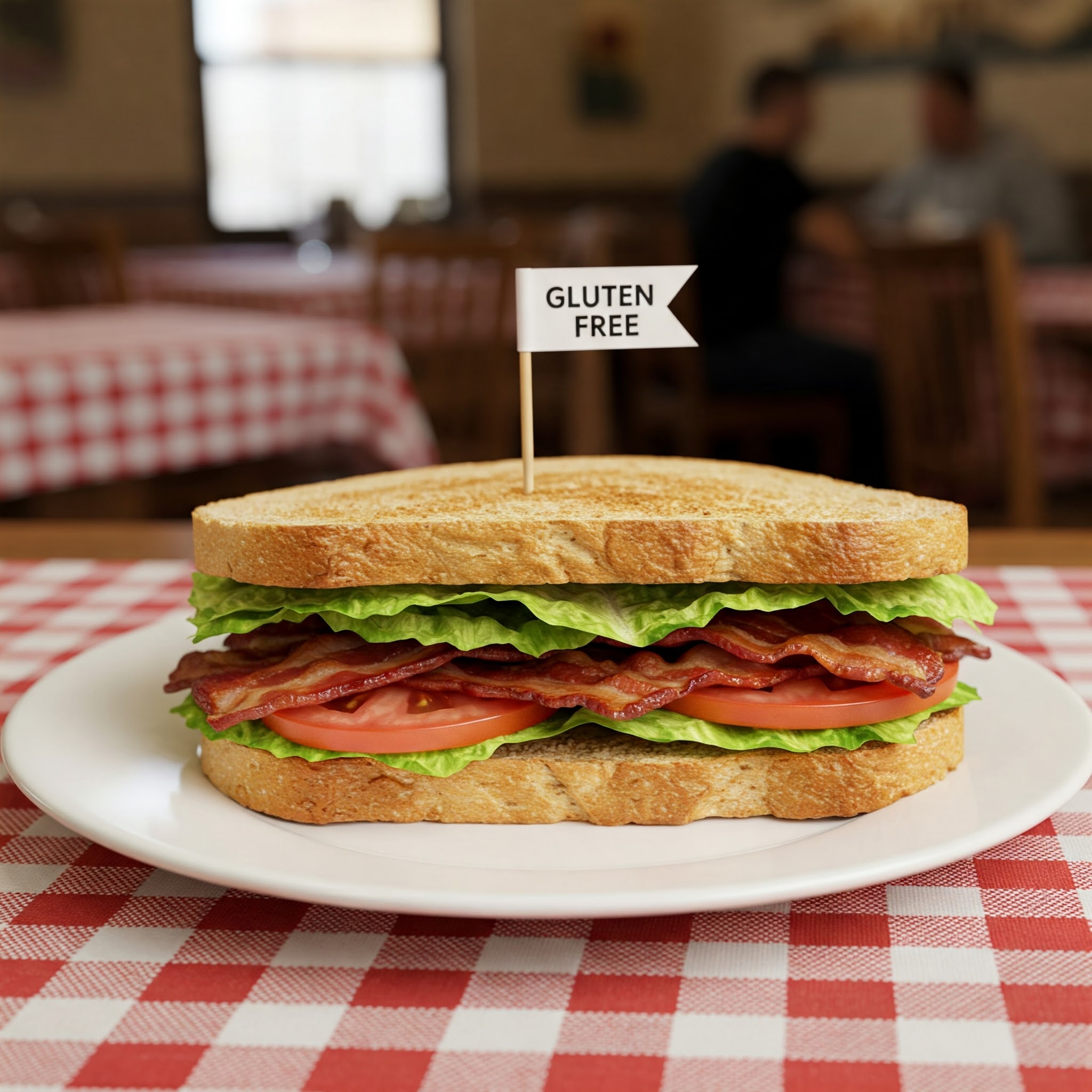 An up close shot of a gluten-free sandwich on a checkered table cloth
