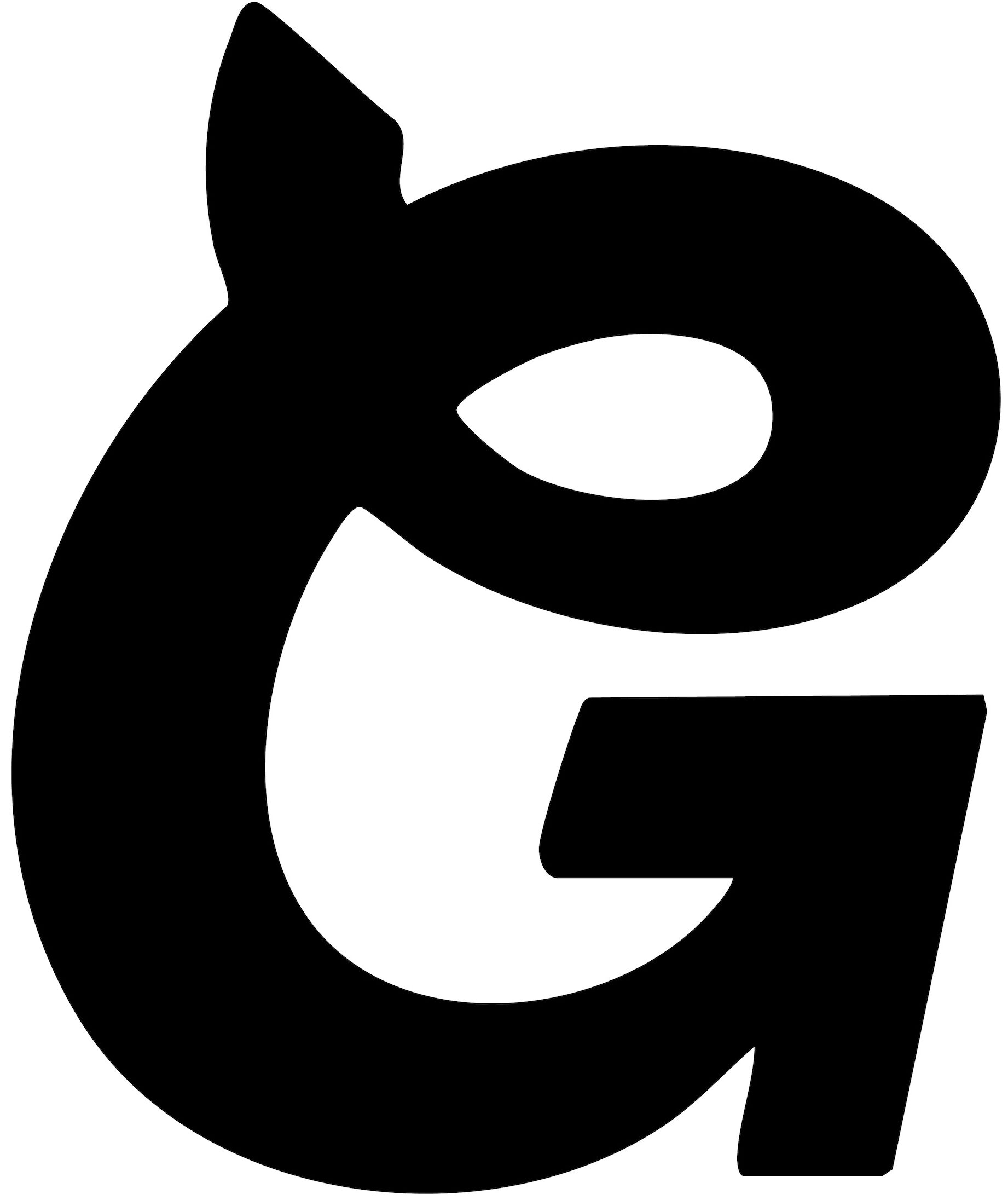 A black cursive "G" logo with an arrow on the end